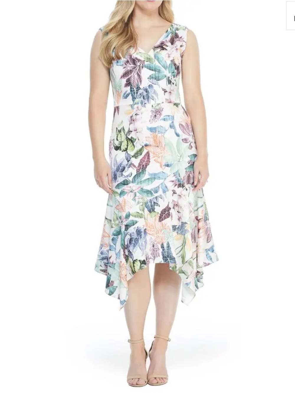 Maggy London White Multi Floral V-Neck Handkerchief Hem Dress